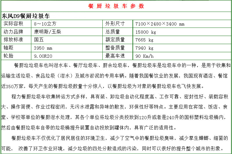 東風多利卡D9餐廚垃圾車配置參數(shù)